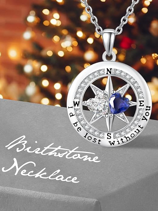 Compass Necklace for Women, Exquisite S925 Valentines Day Anniversary Birthday Gifts for Wife Her Double Birthstone Pendant Jewelry ‘I'd be Lost Without You’