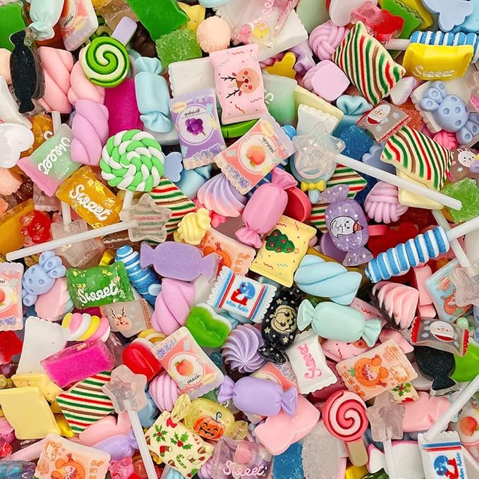 Ulalaza 100pcs Cute Slime Charms Mixed Set Resin Flatback for DIY Craft Making Ornament Scrapbooking Beads Assorted Candy Fruit Cake Trellis