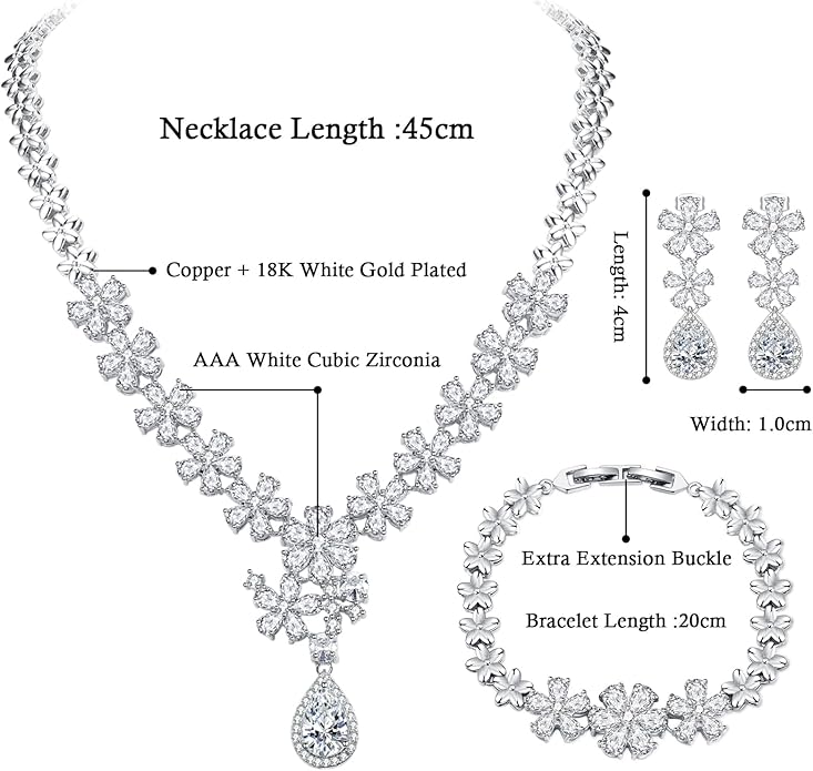 Hadskiss Jewelry Set for Women, Necklace Dangle Earrings Bracelet Set with White AAA Cubic Zirconia, Allergy Free Wedding Party Jewelry for Bridal Bridesmaid