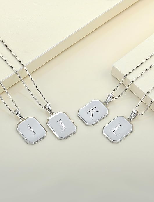 YL Initial Necklace 925 Sterling Silver Square/Round/Heart Letter Pendant A-Z Alphabet Polished Jewelry for Women