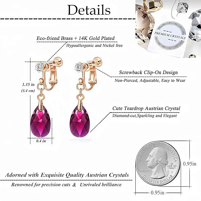Teardrop Austrian Crystal Drop Clip On Dangle Earrings for Women Non Pierced 14K Rose Gold Plated Hypoallergenic Jewelry