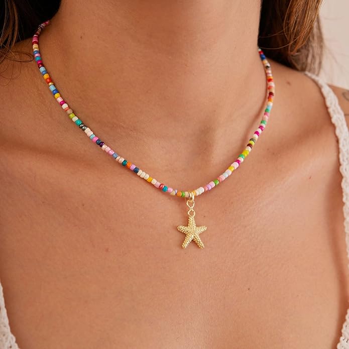 VRIUA Colorful Beaded Necklaces for Women – Summer Beach Boho Starfish, Conch, Shell, Pearl, Palm tree Pendant Necklace Jewelry