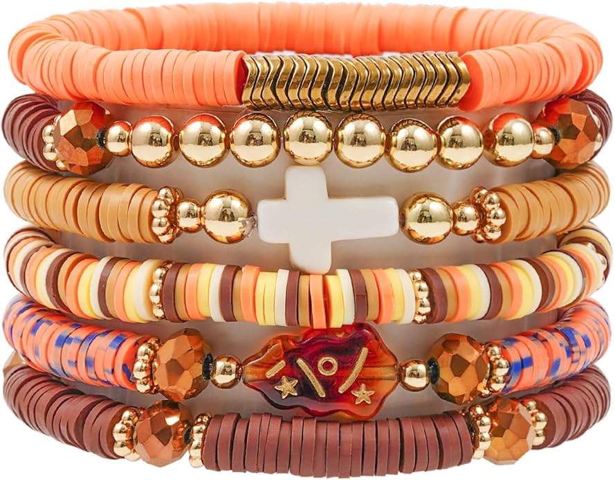 GOOJIDS Surfer Heishi Clay Bead Bracelets for Women Bohemian Stackable Gold Plated Beaded Stretch Bracelets Elastic Layering Friendship Bracelets Set Boho Jewelry