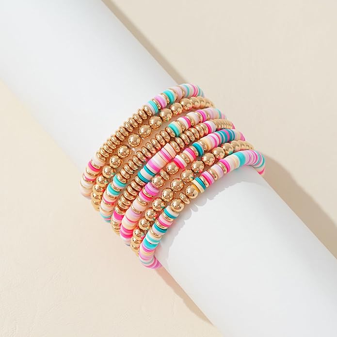 GOOJIDS Surfer Heishi Clay Bead Bracelets for Women Bohemian Stackable Gold Plated Beaded Stretch Bracelets Elastic Layering Friendship Bracelets Set Boho Jewelry