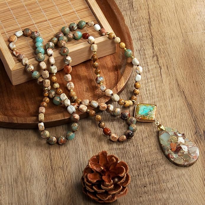 Yomisa Boho Necklaces for Women Men Long,33/34/35 Inch Natural Turquoise Tiger Eye Beaded Stone Pendant Necklaces for Women Trendy,Handmade Bohemian Western Bead Necklace Fashion Charm Jewelry Gift