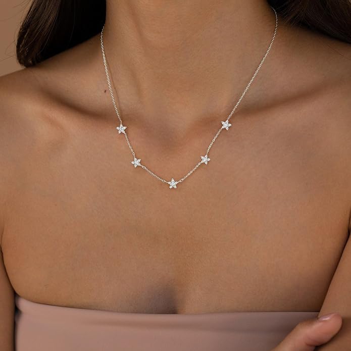 VRIUA Necklaces for Women - 14K Gold/Silver Plated Dainty Chain Necklace with Five Charms: Diamond, Bow, Snowflake, Cross, Flower, Clover, Butterfly, Heart, Star of David, and Star Trendy Jewelry