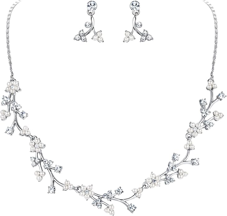 EVER FAITH Bridal Cubic Zirconia Jewelry Sets for Women, White Simulated Pearl Leaf Vine Pendant Wedding Party Necklace Earrings Set for Bridesmaid Bride