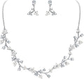 EVER FAITH Bridal Cubic Zirconia Jewelry Sets for Women, White Simulated Pearl Leaf Vine Pendant Wedding Party Necklace Earrings Set for Bridesmaid Bride