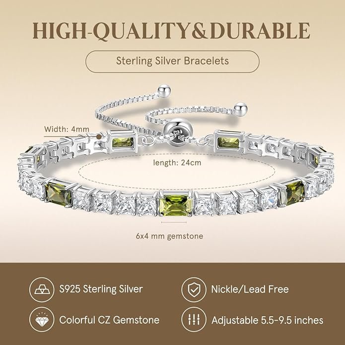 FANCIME Birthstone Bracelet for Women, Sterling Silver 4x6mm Gemstone Tennis Bracelet Bolo Adjustable Chain Fine Jewelry Birthday Gifts for Women Mom Wife Her