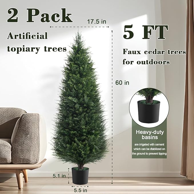 Chillchard 2Pack 5FT Artificial Cedar Tree, UV Resistant Fake Pine Tree | - Image 2