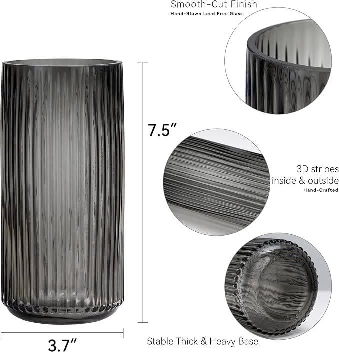 Flower Vase 7.5 inch Grey Thickened Hand Blow Glass Vase Round Vintage Striped - Image 3