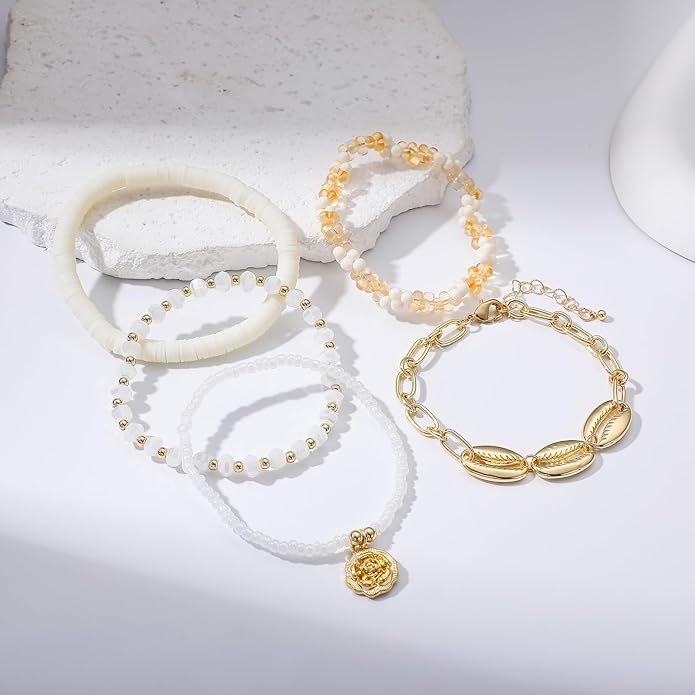 Heishi Beaded Stretch Bracelets for Women Stackable Polymer Clay Beads Bracelets Friendship Boho Summer Beach Bracelet Jewelry Set