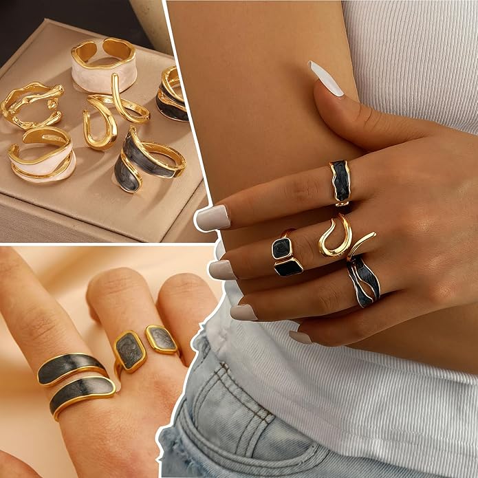 KISS WIFE Goldenen Silvery Black Kunckle Rings Set for Women, Dainty Simple Trendy Cute Stackable Finger Rings Pack, Perfect for Stacking Layering on Thumb and Knuckle, Mixed Size, Jewelry Gift