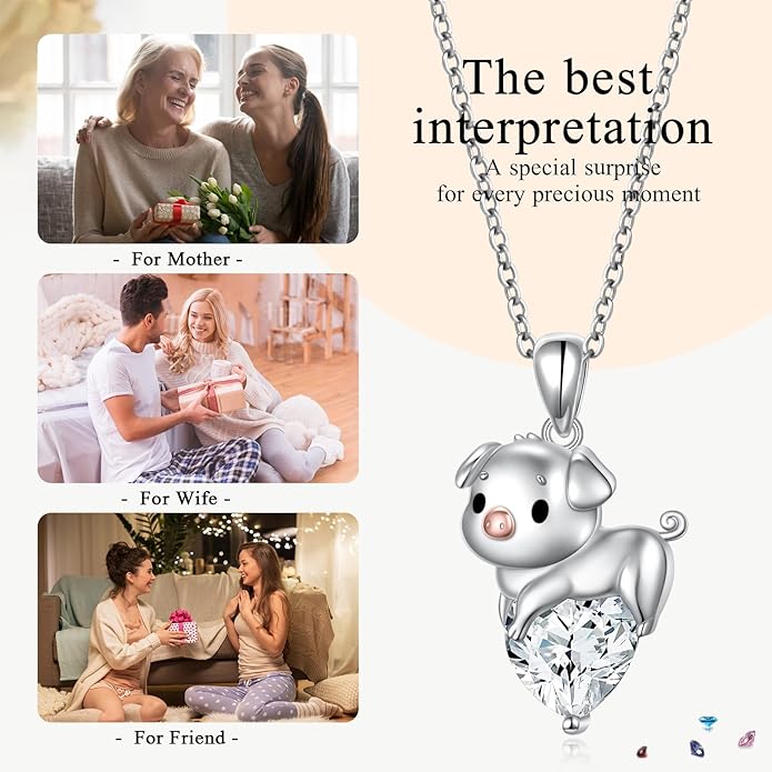 FLYOW Pig Necklace 925 Sterling Silver Cute Animal Necklace with Heart Blue CZ Piggy Pendant for Women Friend Pig Lovers Birthday Graduation Valentine's Day Anniversary Christmas Jewelry White/Blue