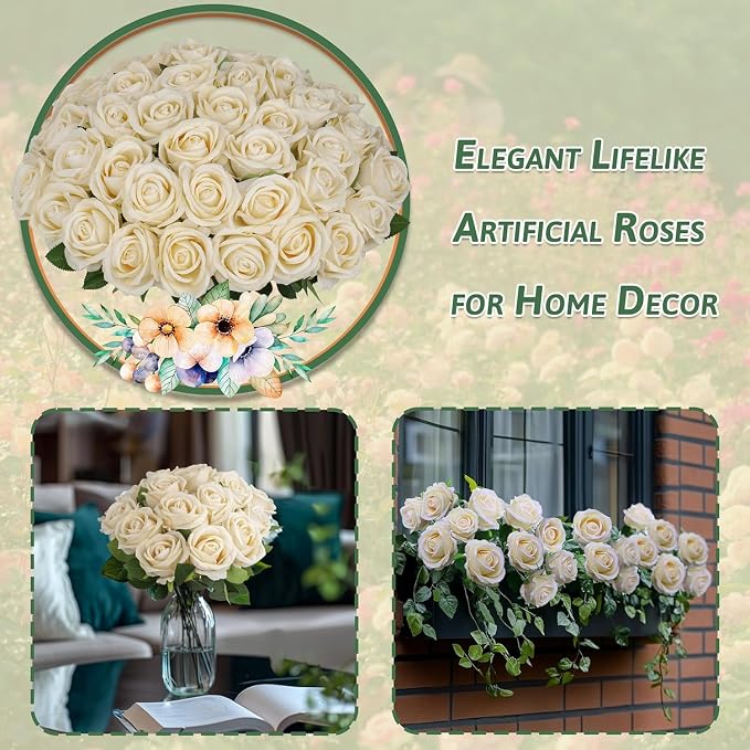 100 PCS Fake Champagne Roses, Artificial Champagne Flowers Bulk, Faux Roses | - Image 4