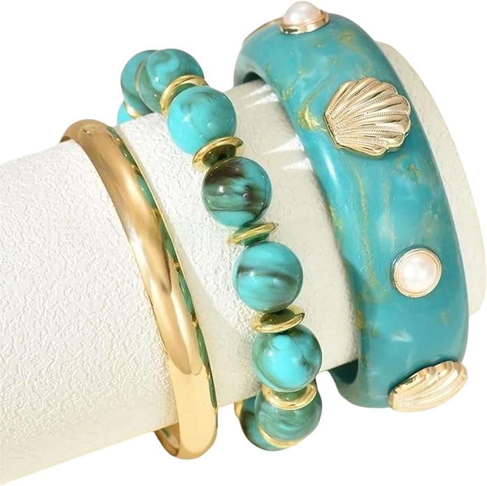 1 Set Bold Sea Inspired Multilayer Stackable Bracelet With Shell Waved Design Lightweight Resin Iron Jewelry For Women