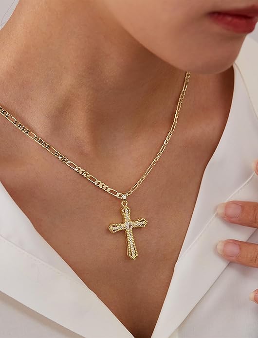 14K Gold Plated Cross Necklace for Women, Cubic Zirconia Copper Cross Pendant, Valentine's Mother's Day Gifts for Her with Jewelry Box Figaro Link Chain, Alloy Brass CZ Diamond Bridal Wedding