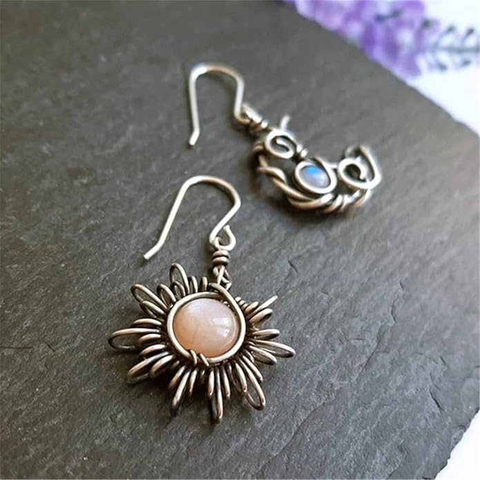 ANDPAI Unique Chic Abstract Hollow Black Vintage Silver Asymmetry Moon Star Sun Dangle Drop Earrings Black Moonstone Moon Hypoallergenic Earrings for Women Statement Jewelry Gifts