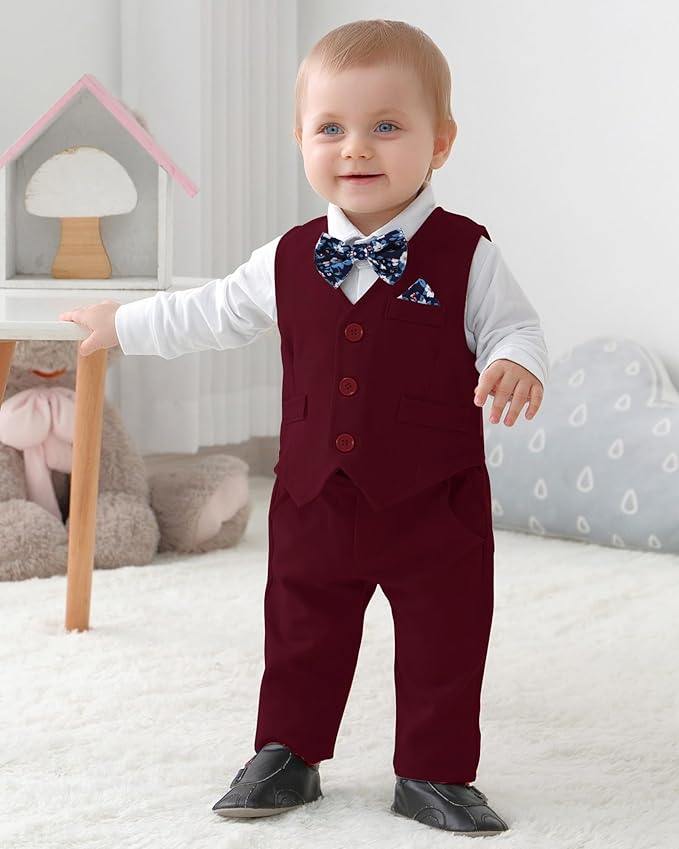 DISAUR Baby Boy Clothes Toddler Boy Outfits 4PCS Gentleman Dress Romper/Vest/Pants/Bow Tie Cotton Suit Sets