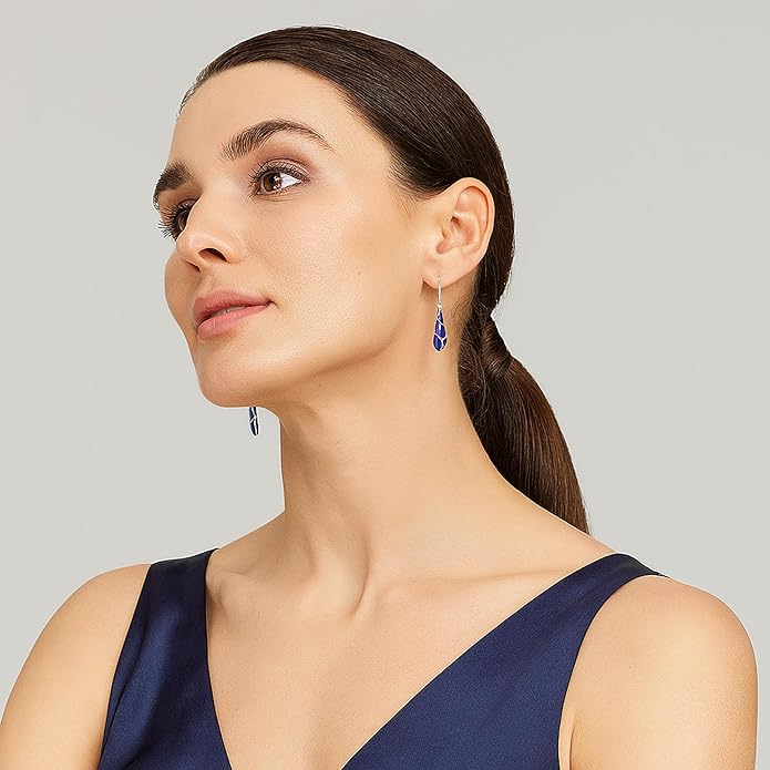 AeraVida Vintage Streaked Teardrop Simulated Blue Lapis Lazuli .925 Sterling Silver Dangle Earrings | Shiny Fish Hook Earrings | 9x45mm Lightweight Gift Jewelry for Women