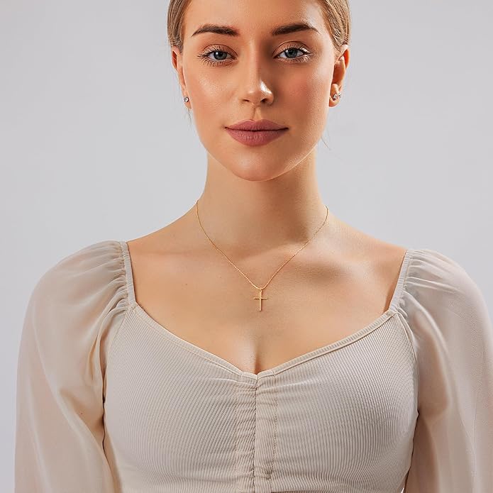 Zeffy Cross Necklace for Women, 18k Gold/Silver Plated Tiny Cross Pendant Necklace Simple Layered Cross Necklaces Gold Jewelry for Women