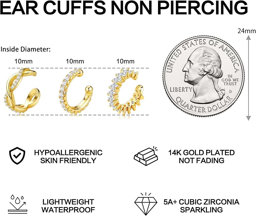 Dochais Ear Cuffs Non-Piercing Earrings for Women Cute Small Clip-On Cartilage Earring 14k Gold Plated Dainty Fake Piercings Earings