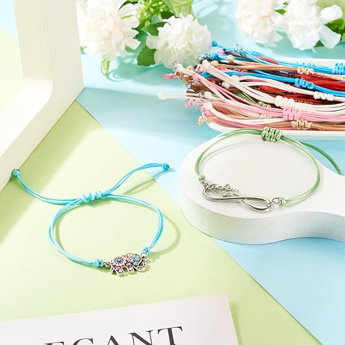 50 Pcs Adjustable Braided Cord Colorful Waxed Thread Half Finished Bracelet with Jump Rings for Wrist DIY Women Jewelry Making Friendship Fashion Bangle Accessory 14-28cm Long