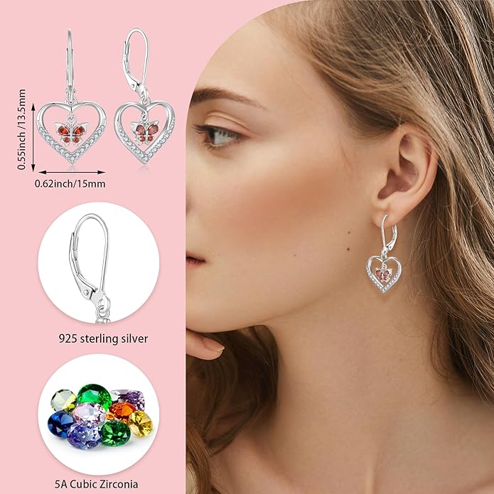 Butterfly Birthstone Heart Dangle Drop Earrings, 925 Strlings Silver 5A Cubic Zircon Leverback Earrings Jewelry Anniversary Birthday Gifts for Women