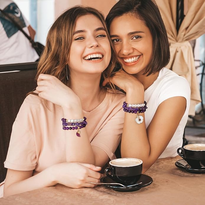 Healing Crystal Beaded Bracelets for Women,Natural Amethyst Gemstones Bracelet,Anxiety Stress Relief Heart Charm Bracelet Handmade purple Jewelry Gifts for Women
