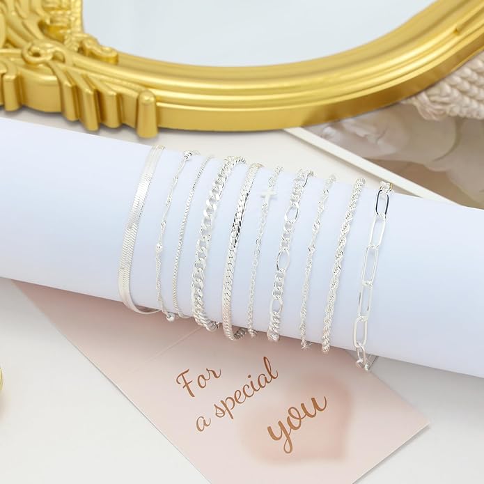 XIANNVXI 10pcs Rose Gold/Gold/Silver Bracelets Stack for Women Dainty Thin Rose Gold Bracelets Set Silver Chain Bracelet Paper Clip Stackable Figaro Herringbone Paperclip Bracelet Pack for Womens