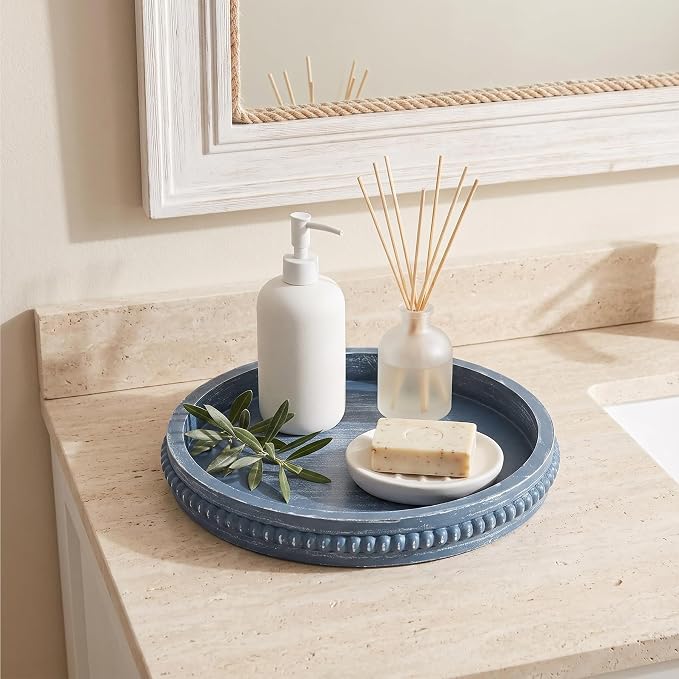 Hrastany Round Navy Blue Wooden Decorative Tray - Image 5
