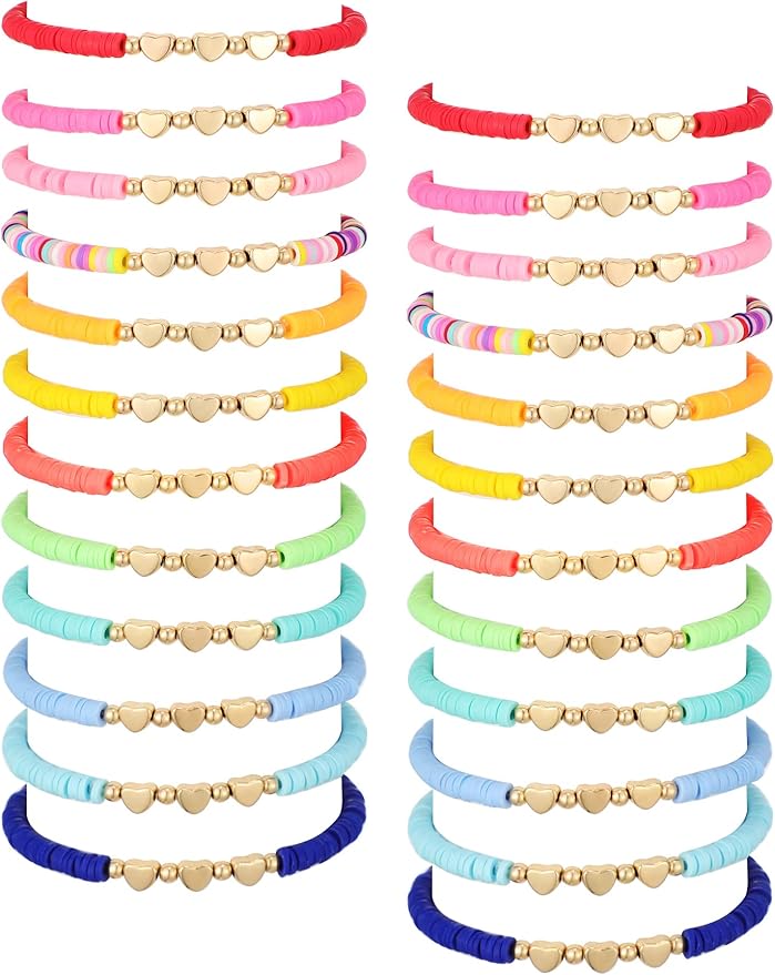 Sureio 24 Pcs Valentines Friendship Bracelets for Kids Colorful Heart Surfer Bracelets Stackable Stretch Beaded Jewelry for Girls Women Valentine's Gifts Birthday Party Favors