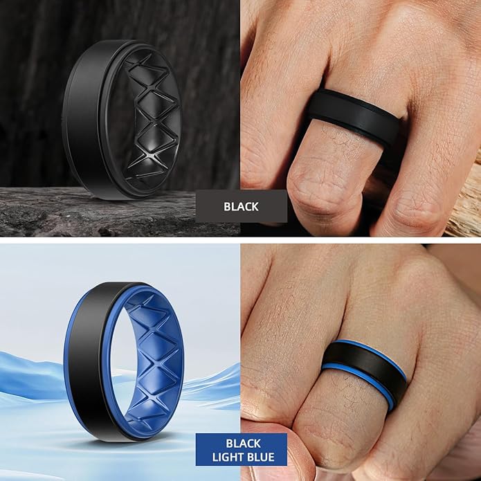 Egnaro Silicone Rings for Men 1/4/5/6/7 Multipack of Breathable Mens Silicone Rubber Wedding Rings Bands - Step Edge