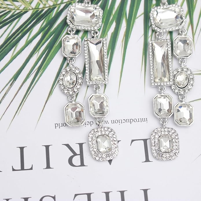Vintage Rectangle Teardrop Chandelier Earrings, Art Deco Wedding Austrian Crystal Drop Dangle Earrings for Women Party Prom