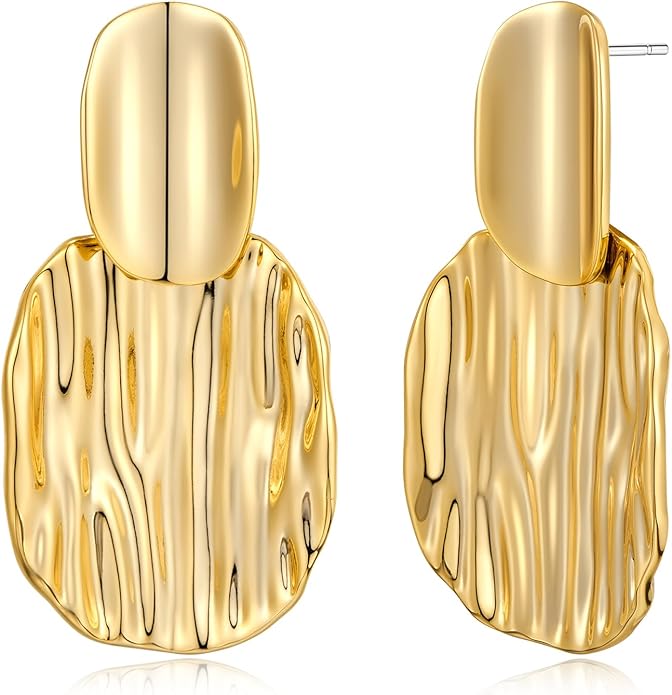 Chunky Gold Earrings for Women - Hammered Gold Plated Dangle Drop Jewelry Gifts