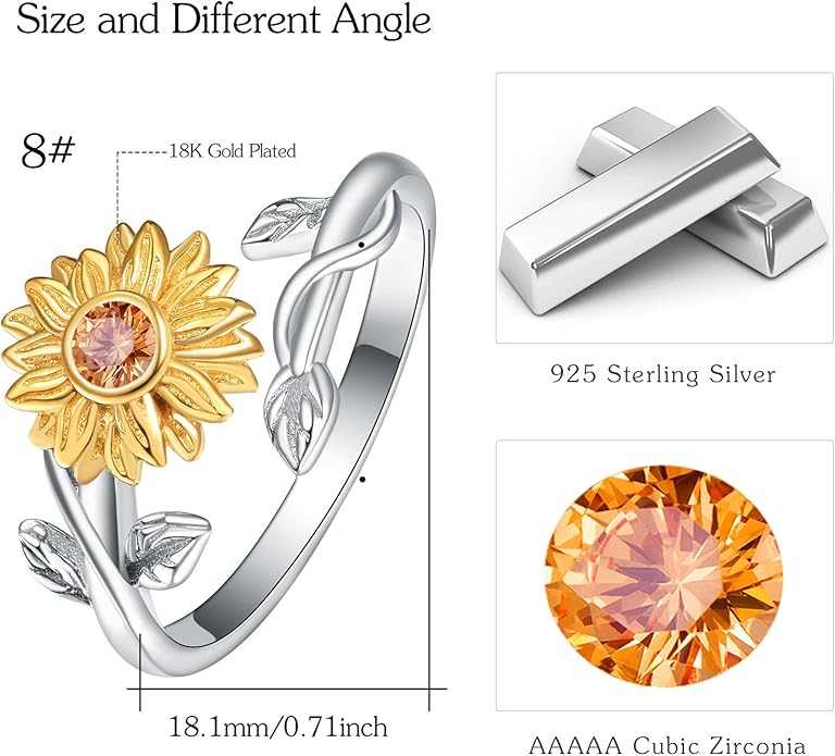 Sunflower Rings for Women, 925 Sterling Silver CZ You are My Sunshine Adjustable Open Band Rings Jewelry Gifts for Girls Size 7-8