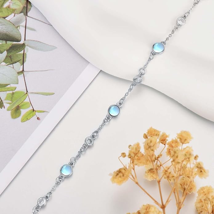 Anklet Bracelet for Women 925 Sterling Silver Natural Stone Chain Ankle Bracelet Beach Summer Fine Jewelry Valentines Day Birthday Gifts for Her Mom Wife