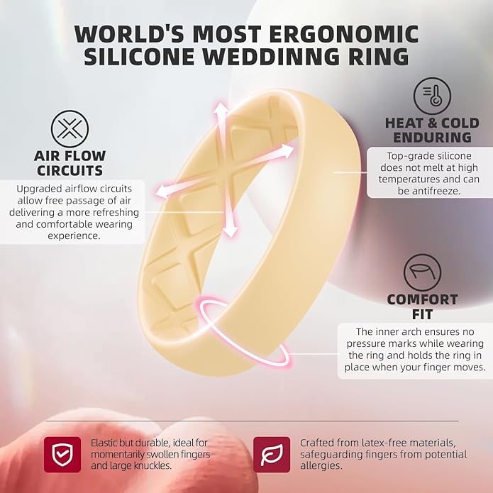 Egnaro Women's Bridal Rings Sets, Inner Arc Ergonomic Breathable Design Silicone Rubber Wedding Bands
