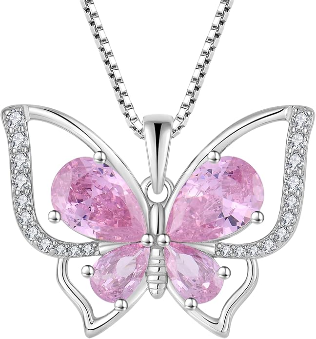 YL Women's Butterfly Necklace 925 Sterling Silver Flower Rose Pendant Birthstone Halo Jewelry