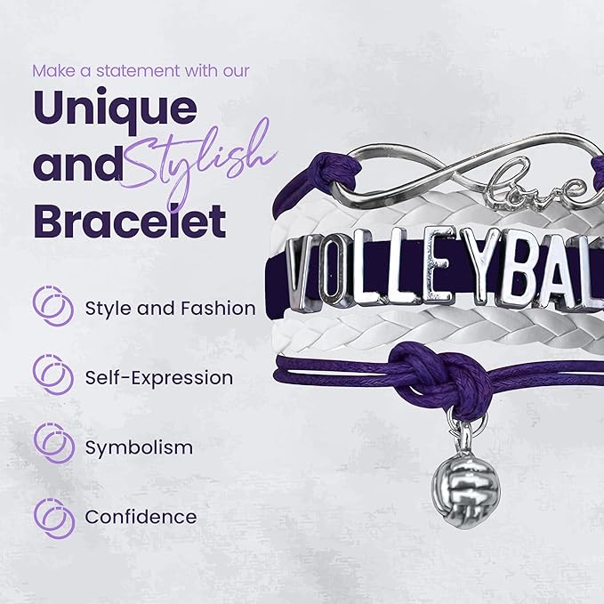 Volleyball Bracelets For Girls- Ideal Volleyball Gifts & Souvenirs. Adjustable Charm Bracelet with Moveable Letters, Infinity Symbol & Silver Volleyball Charm. Fashionable Bracelets by SportyBella.