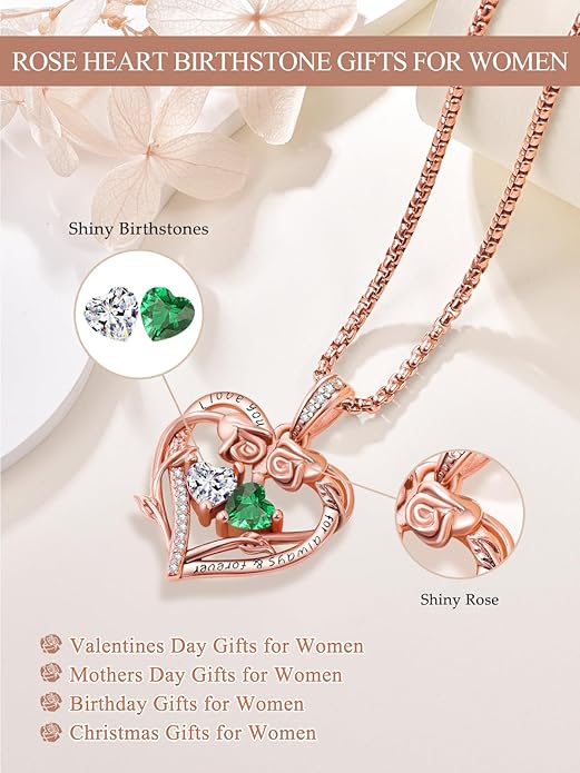 Rose Heart Necklaces for Women, Rose Gold Forever Love Jewelry with 2 Birthstones Pendant,Valentines Anniversarry Birthday Gifts for Her Wife Mom Grandma Daughter, 18+2 Inch Chain