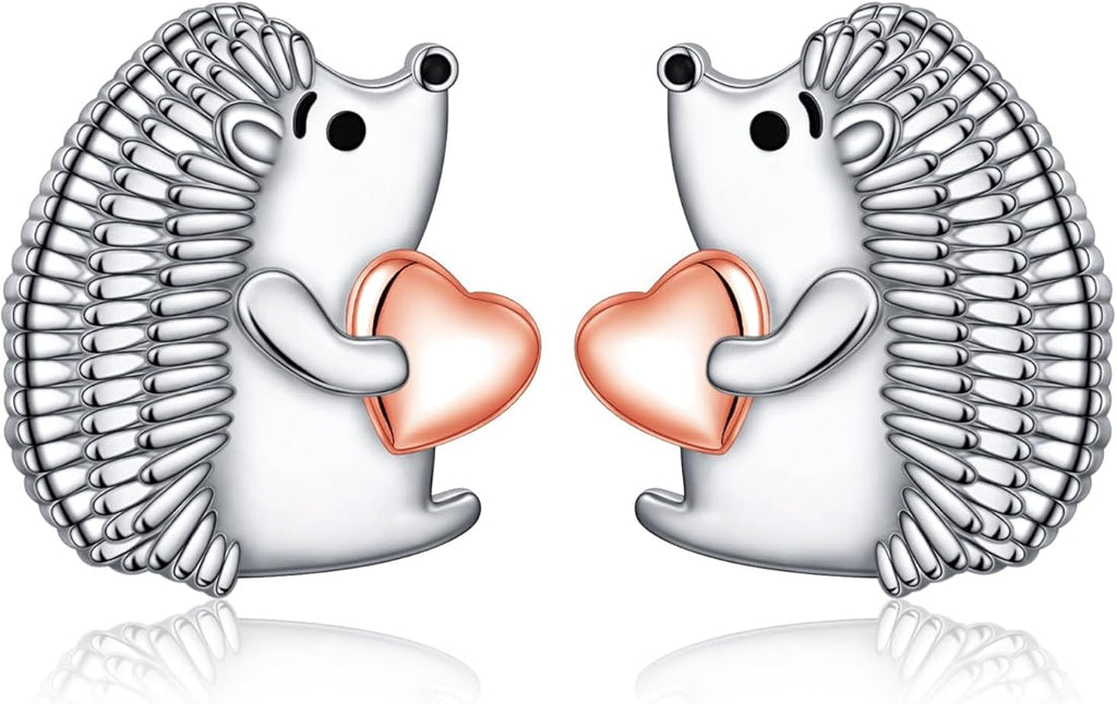 FLYOW 925 Sterling Silver Cute Animal Heart CZ Hedgehog Pendant Necklace and Stud Earrings Bracelet Set for Women Birthday Jewelry