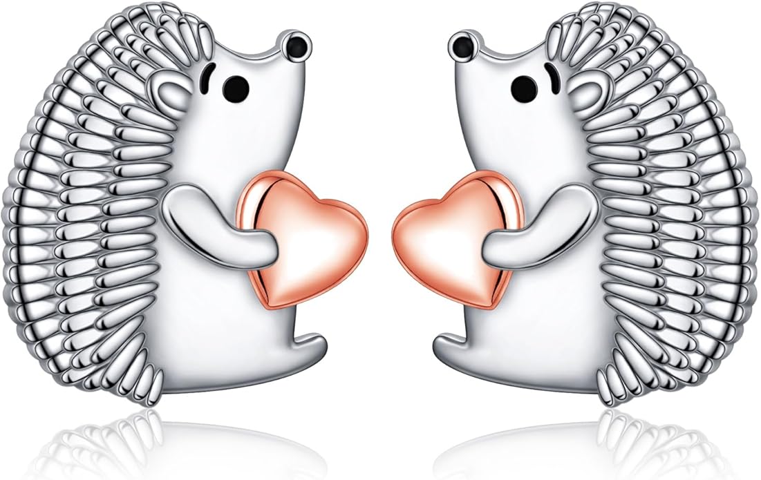 FLYOW 925 Sterling Silver Cute Animal Heart CZ Hedgehog Pendant Necklace and Stud Earrings Bracelet Set for Women Birthday Jewelry