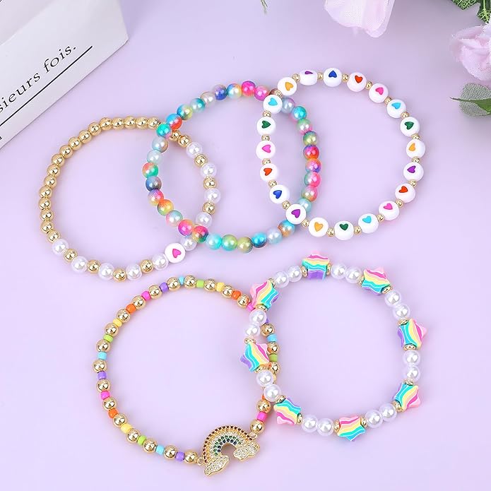 Bohemian Colorful Beaded Bracelets for Women Boho Stackable Natural Stone Letter Clay Glass Beads Stretch Bracelet Set with Charm, Cute Rainbow Friendship Bracelets for Summer Vacation