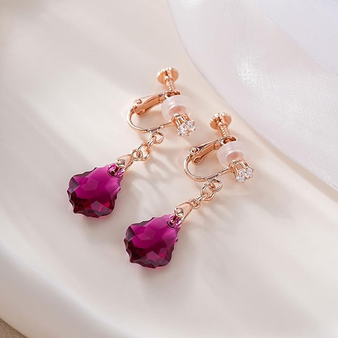 Austrian Crystal Baroque Drop Clip On Dangle Earrings for Women Non Pierced 14K Rose Gold Plated Hypoallergenic Jewelry