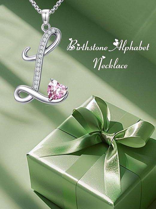 Valentines Day Gifts for Women Alphabet A to Z Initial Birthstone Pendant Necklaces for Women - 18k White Gold Plated Personalized Name Jewelry Valentine Mothers Day Birthday Gifts for Women Her Girlfriend