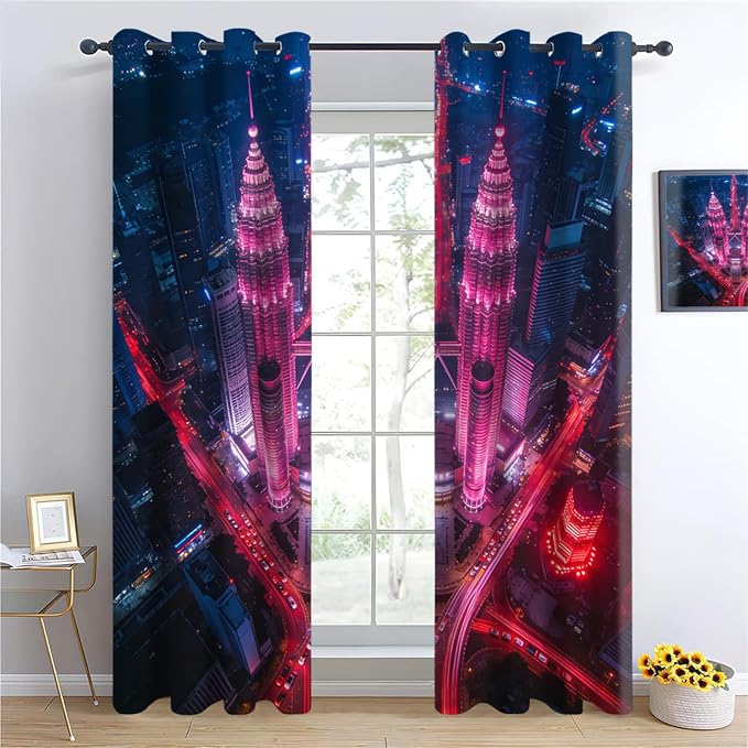 Night View of the Twin Towers Curtain, City Aerial Photography Curtains - Image 3