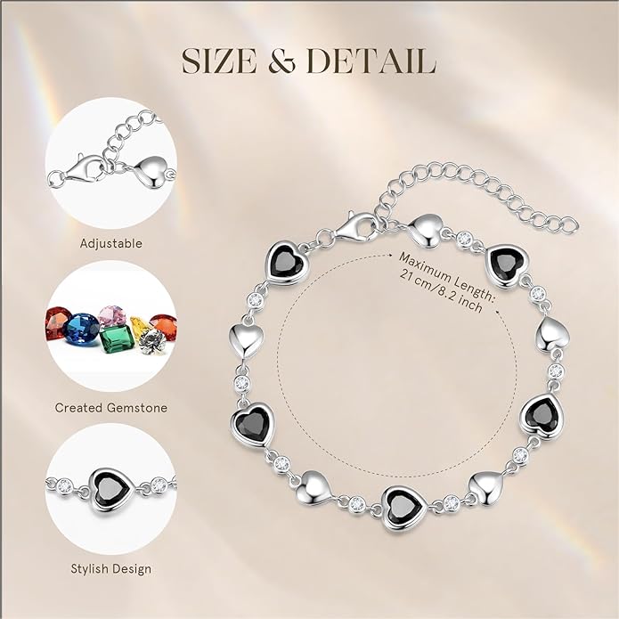 Carleen Birthstone Bracelets for Women 925 Sterling Silver Five Heart Station Created Gemstone Tennis Bracelet Jewelry Anniversary Birthday for Wife, 7"+1.2" Extender