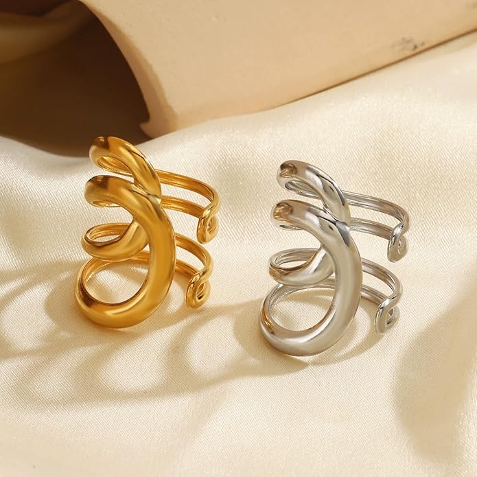 Chunky Rings For Women, Gold Silver Thumb Ring Asymmetrical Wavy Curve Ring Adjustable Non Tarnish Dainty Stainless Steel New Year Anniversary Birthday Jewelry Gift
