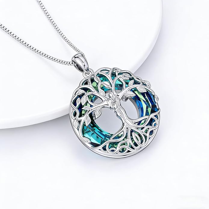 Tree of Life Crystal Necklace for Women Sterling Silver Couples Hug Tree Pendant Necklaces Gifts for Wife Anniversary Birthday Christmas